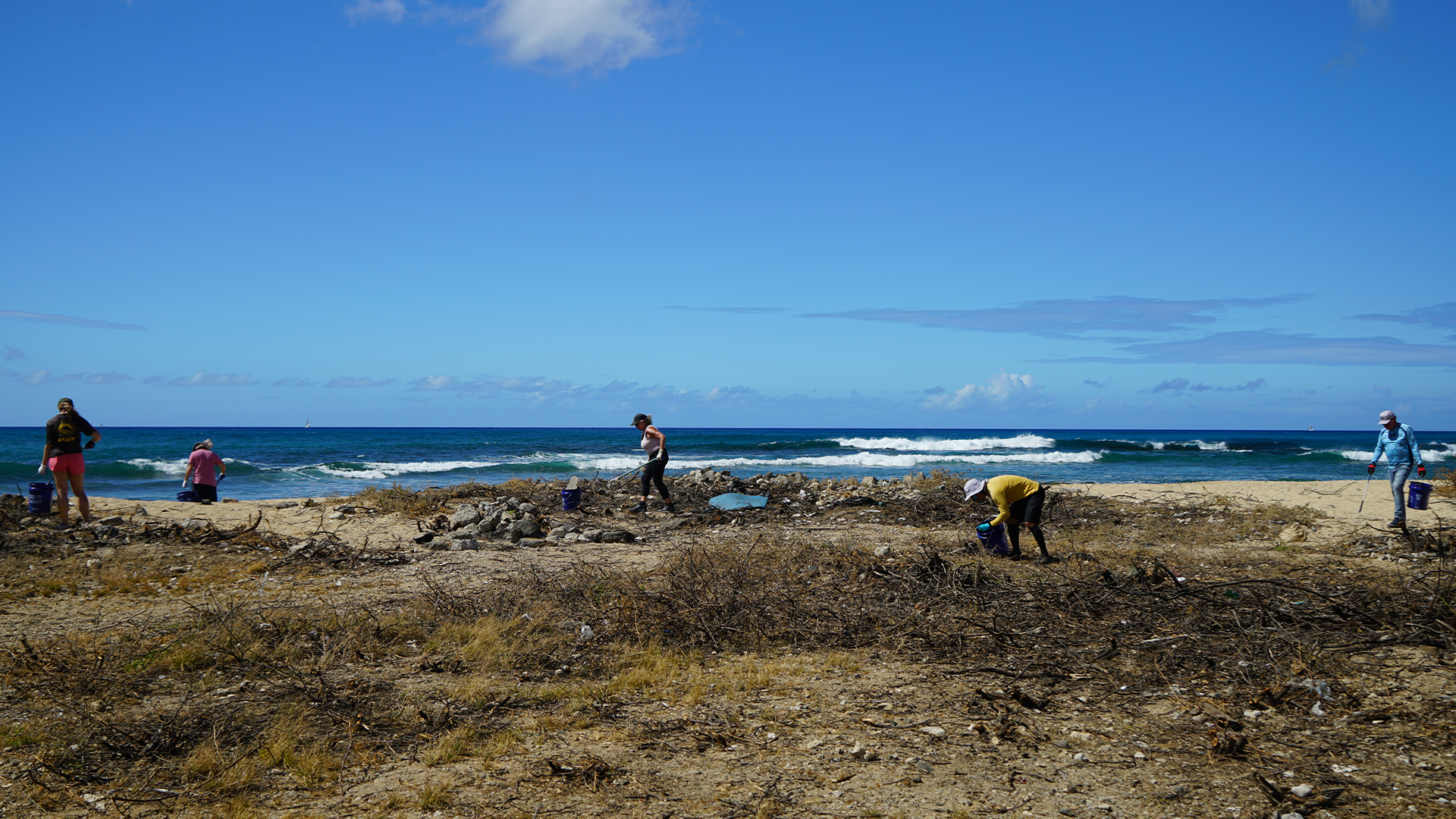 Community volunteers picking up trash from Sand Island Sate Recreation Area on Oahu, Hawaii