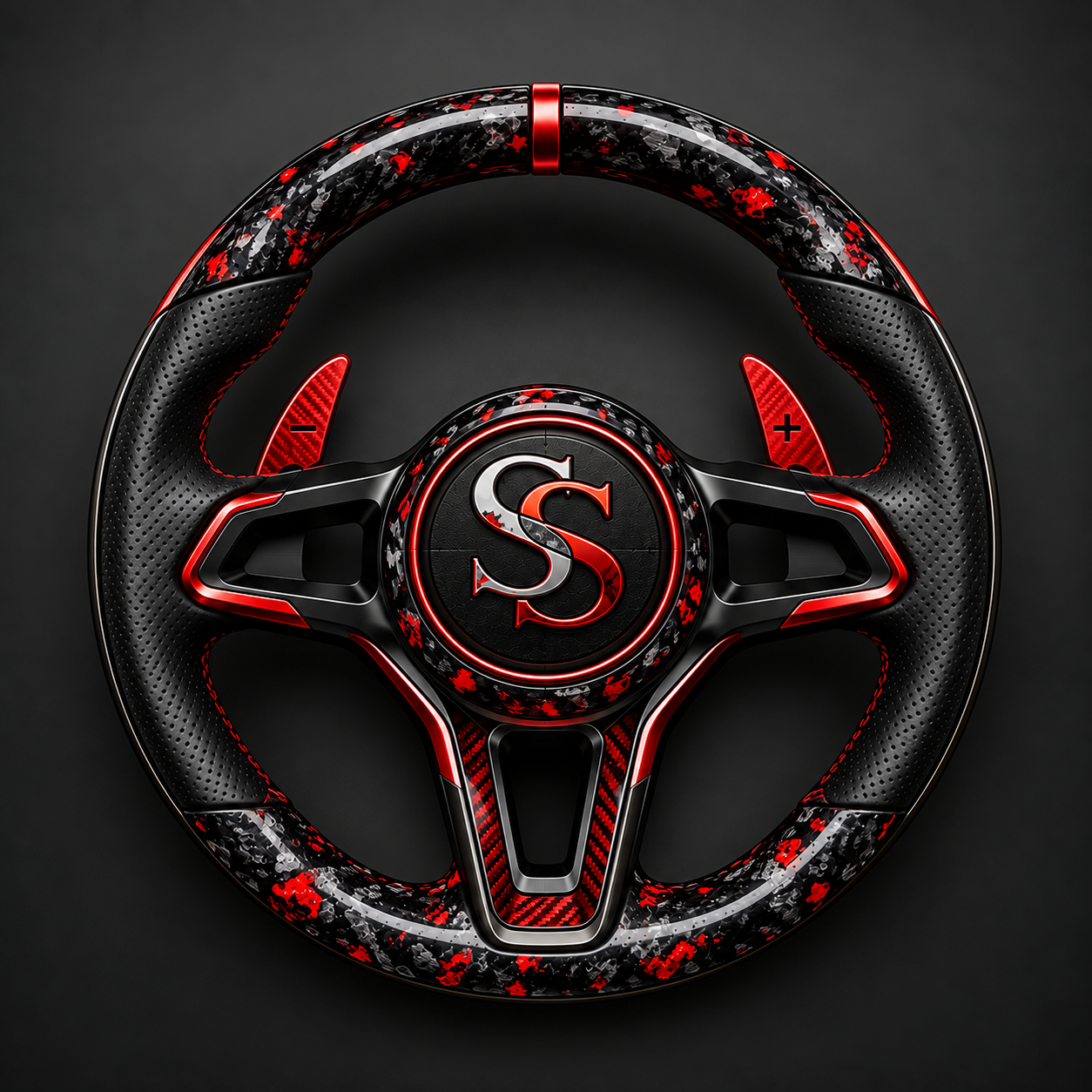 Signature Steering logo: a red forged carbon steering wheel with the SS monogram