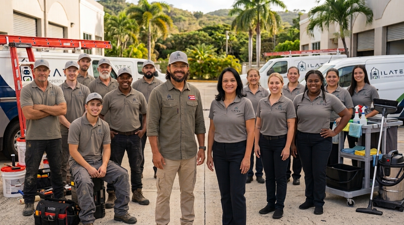 Equipo de Ilatek Property Solution: técnicos de techos y profesionales de limpieza frente a las camionetas de Ilatek — servicio en {{custom_values.county_name_and_state}}