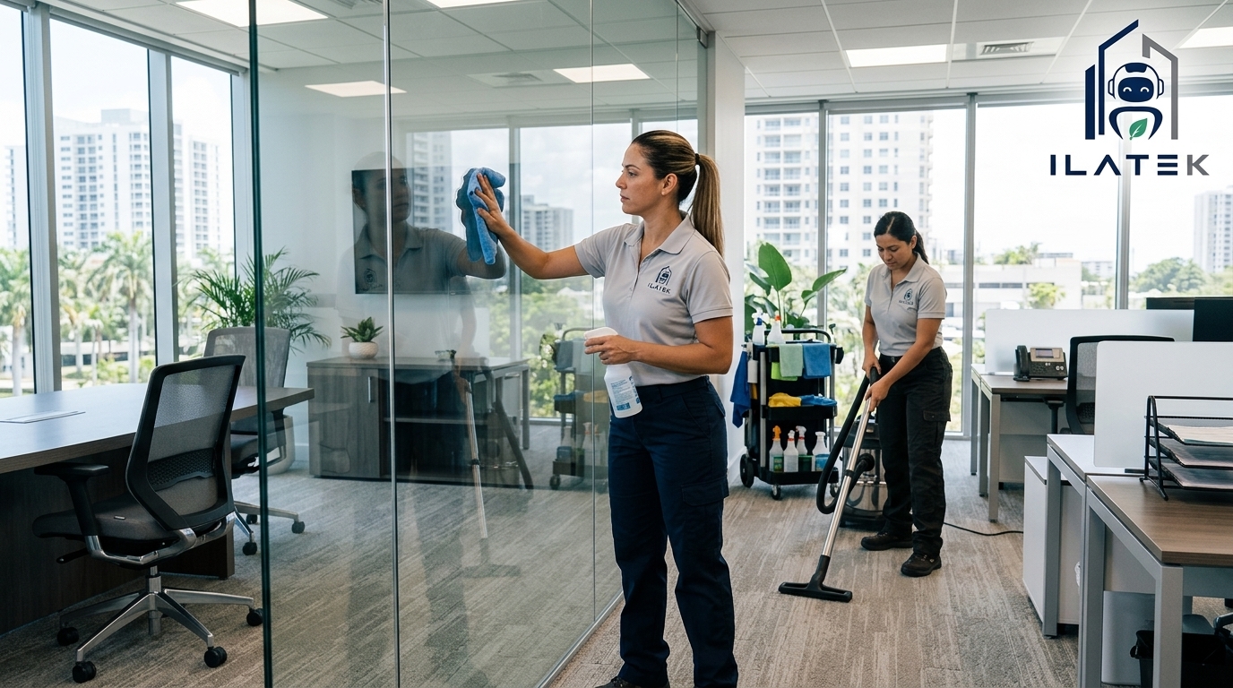 Equipo de Ilatek limpiando una oficina — limpieza comercial de espacios de trabajo en Aguada, Puerto Rico