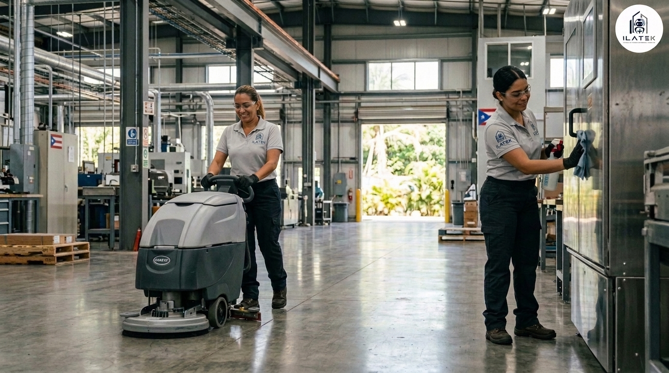 Equipo de Ilatek limpiando una nave industrial — limpieza industrial de almacenes y plantas en Aguada, Puerto Rico