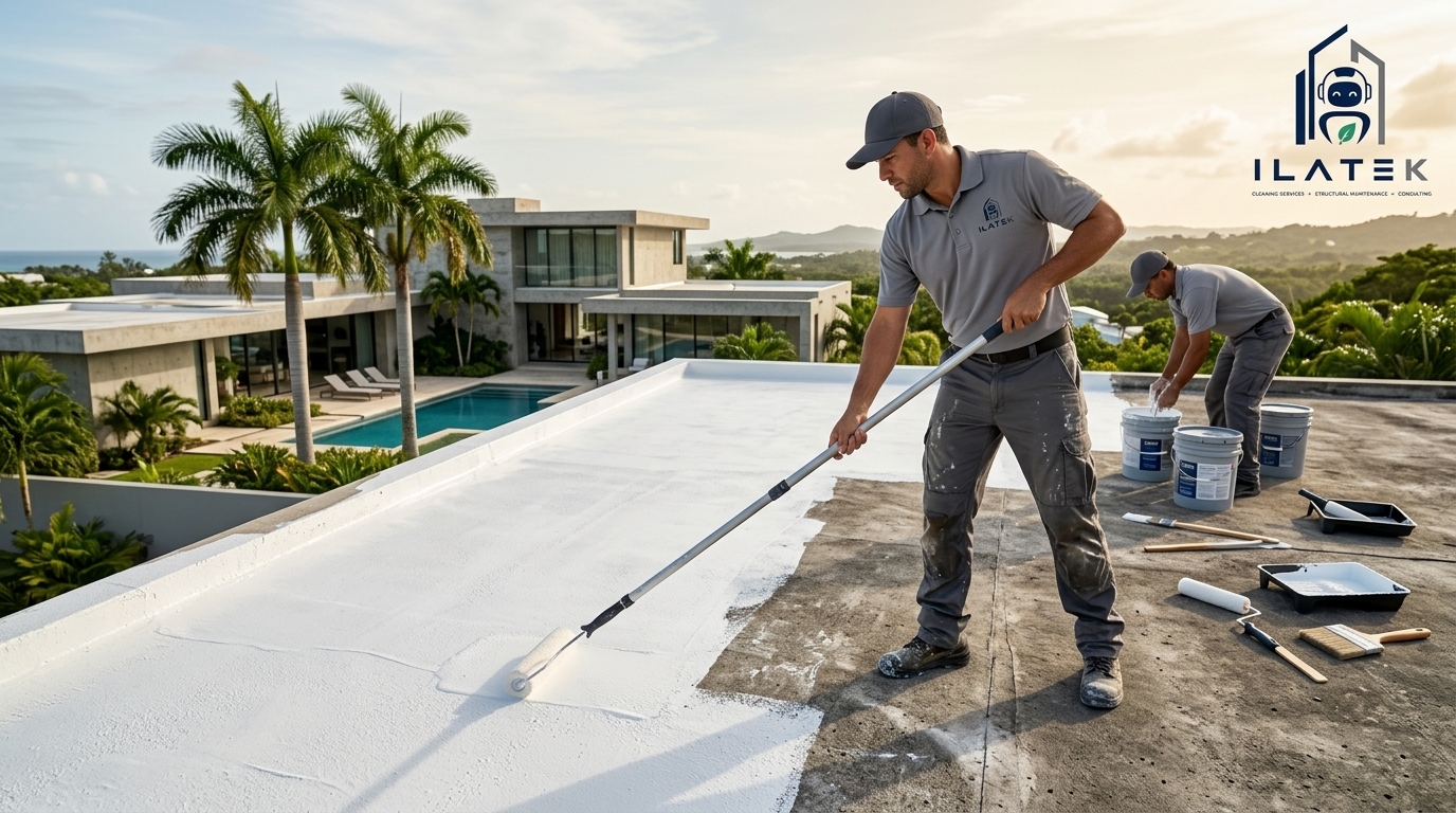 Coating elastomérico aplicado en techo por Ilatek Techos en Aguada, Puerto Rico — sellado reflectivo