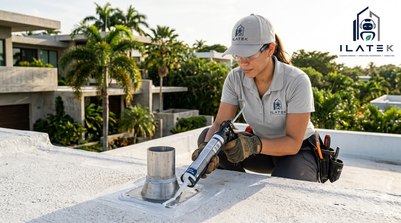 Aplicación de silicona 100% en techo de Ilatek Techos en Aguada, Puerto Rico — sellado impermeable