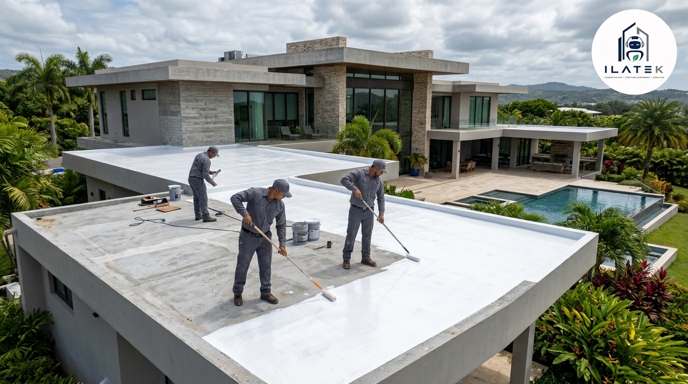 Aplicación de membrana impermeabilizante en techo en Aguada, Puerto Rico — sellado de techos Ilatek