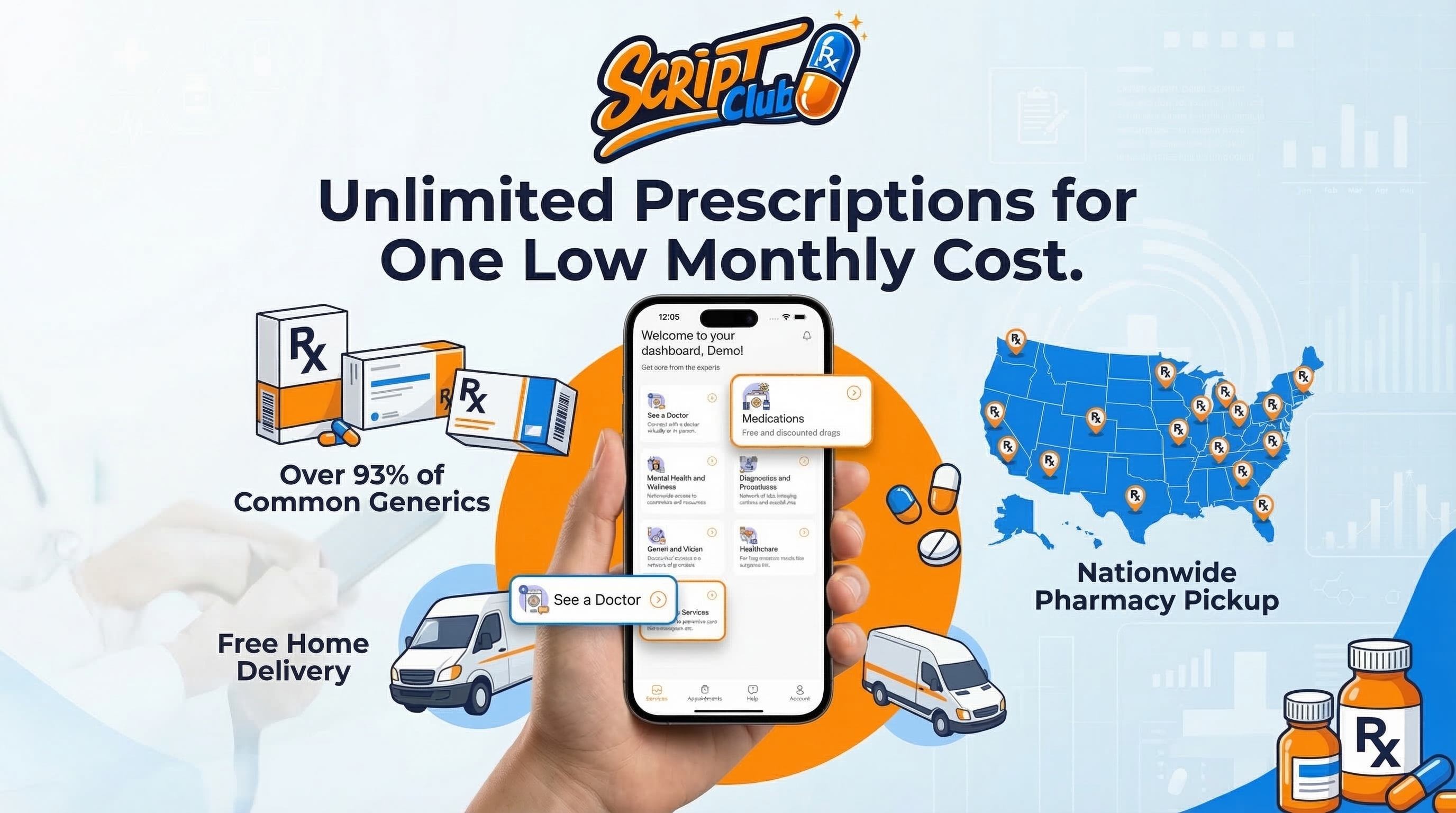 White prescription bottle with a blue ScriptClub label on a light background