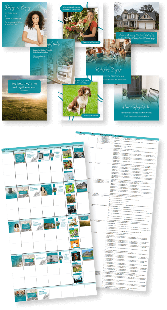 Preview of the comprehensive social media calendar, captions and bonus templates included in the April Real Estate Marketing Bundle.