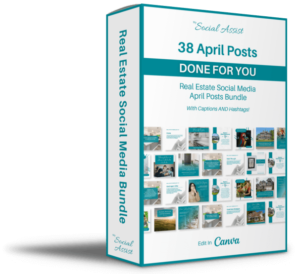 April Real Estate Marketing Bundle cover showcasing 38 premium social media posts.