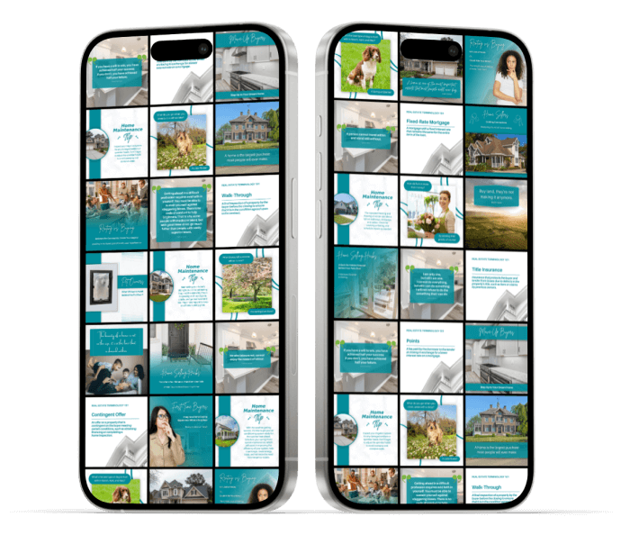 April Real Estate Marketing Bundle showcasing 38 premium social media posts on two mobile phone screens.