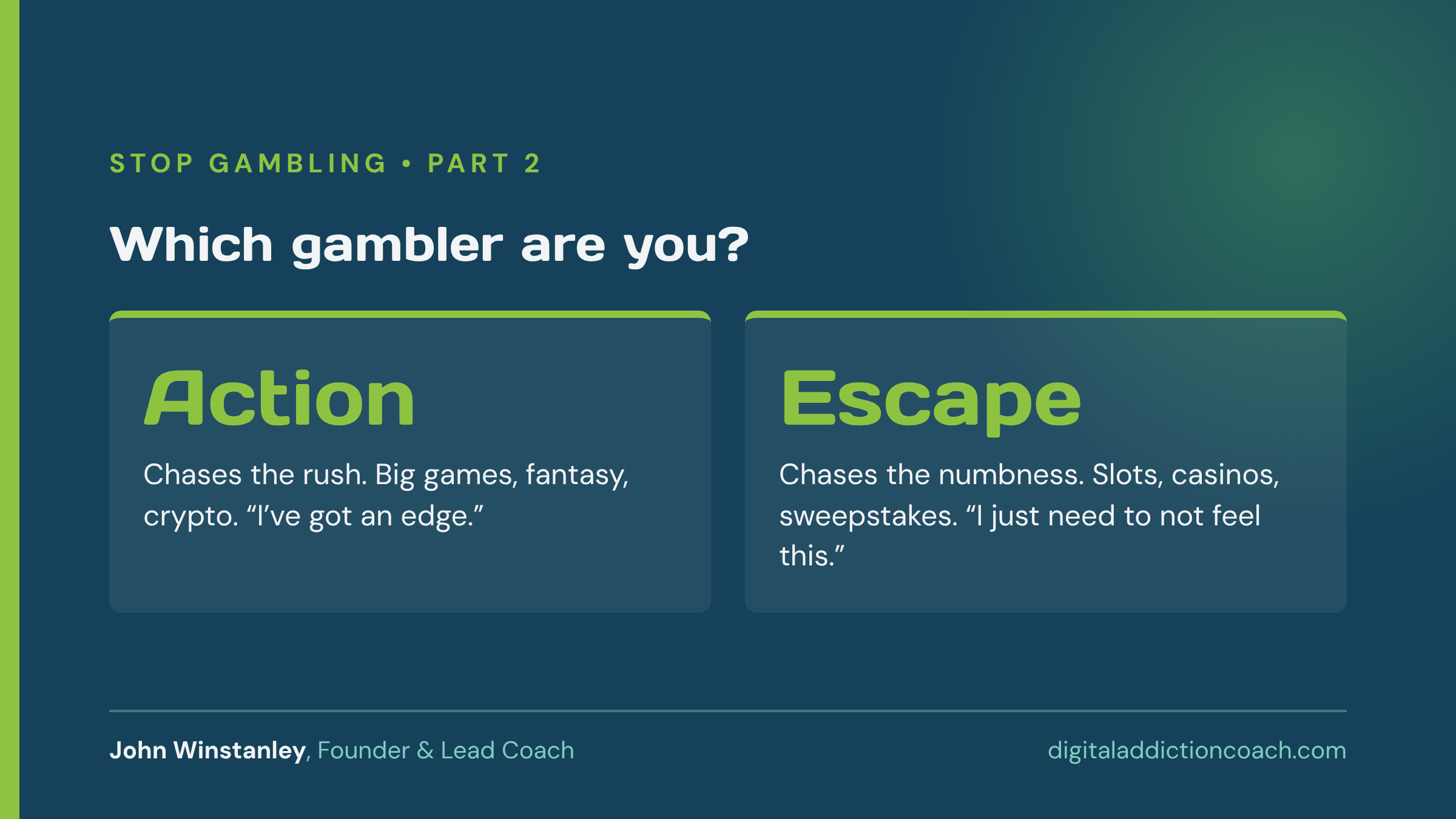 Stat Card comparing Action gamblers, who chase the rush, with Escape gamblers, who chase the numbness.