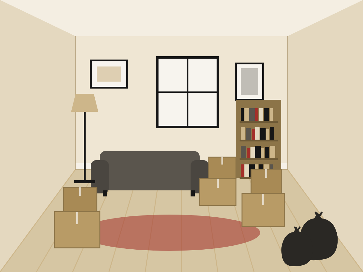 Illustration of a furnished living room with boxes and bags, before a cleanout