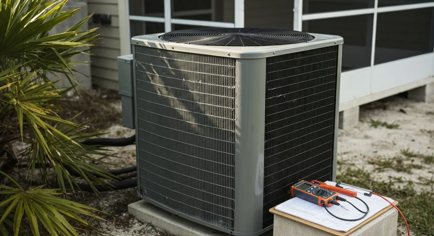 HVAC technician performing seasonal maintenance on Bokeelia system