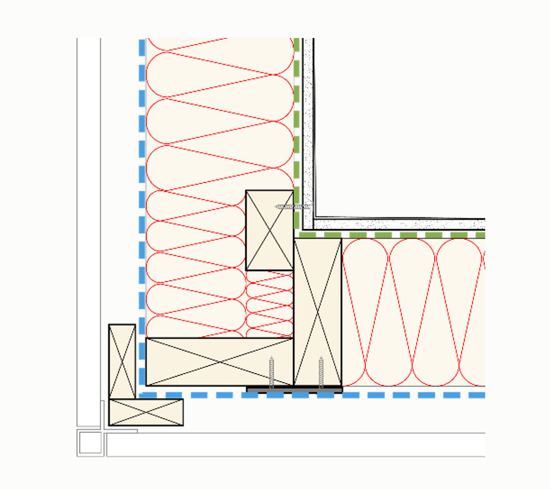 Ridge of a tiled rafter roof with insulation continuous between the rafters.