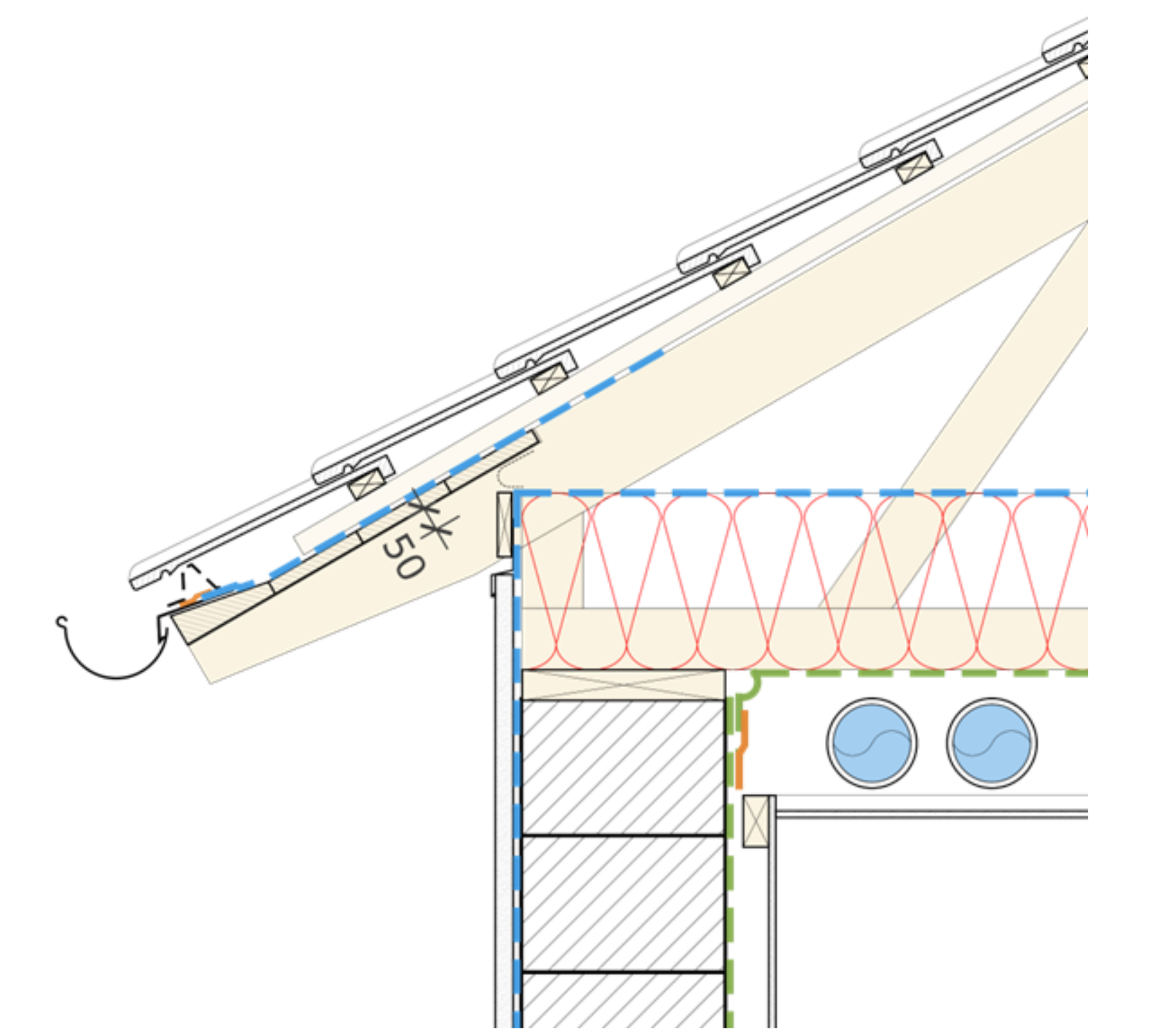 Wall-to-roof junction in masonry with a truss roof and internal ventilation.