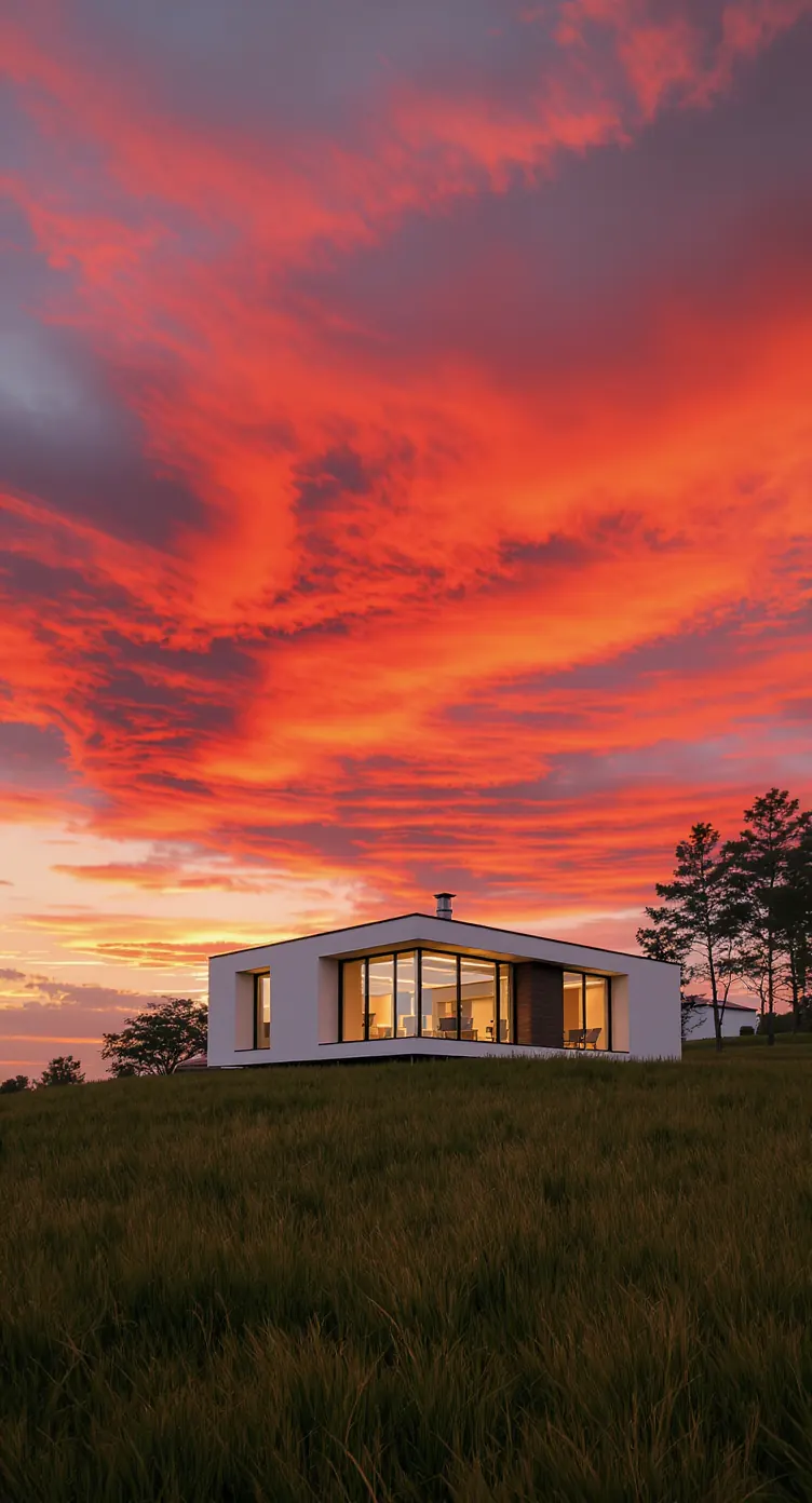 A contemporary home with warm interior light at sunset