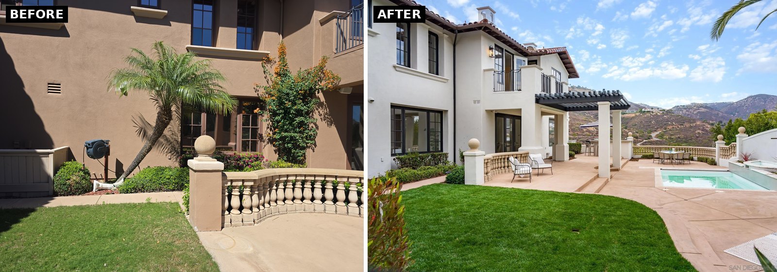 Rancho Santa Fe estate backyard before and after: new sod lawn and reworked landscaping