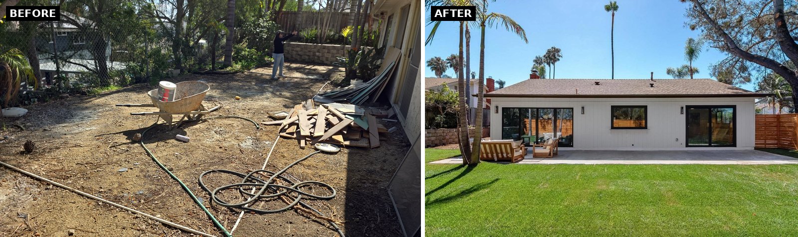 Solana Beach backyard, before & after: bare dirt backyard turned into a full green lawn