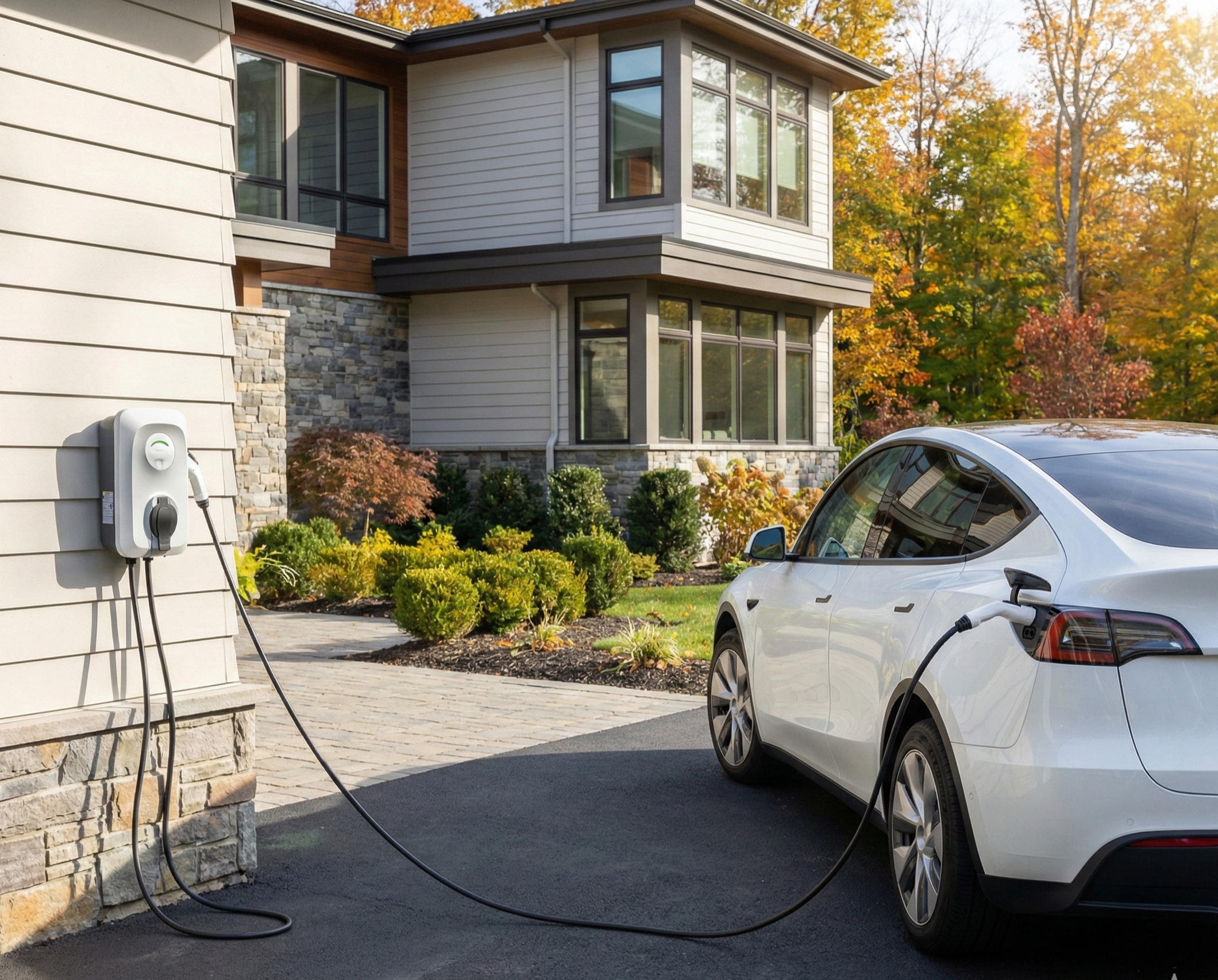 Level 2 home EV charger installed on a residential home with a white Tesla charging in the driveway — EV charger installation by Hewson Electric in southern NH