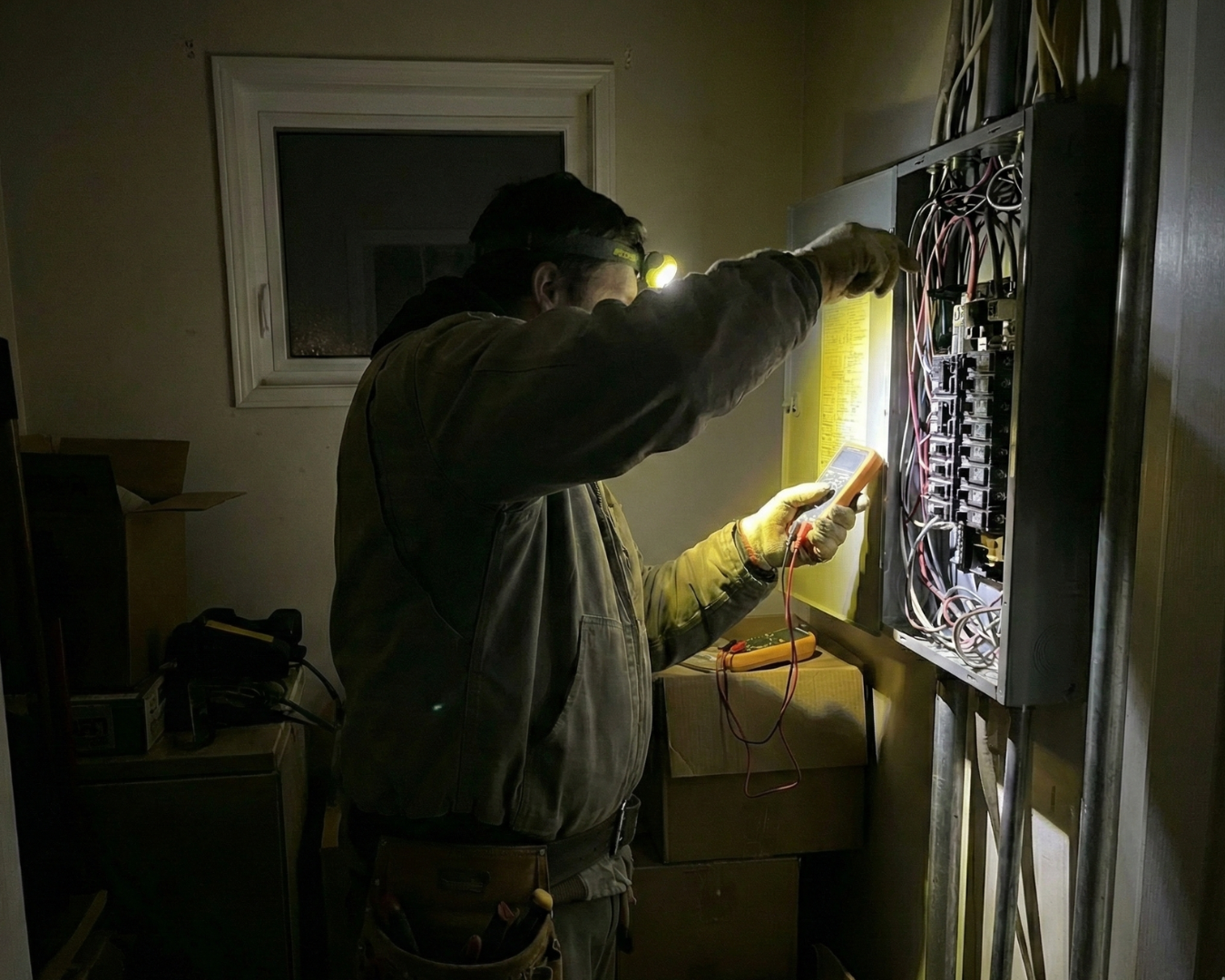 Licensed electrician performing emergency electrical panel repair at night using a headlamp — 24/7 emergency electrician service.