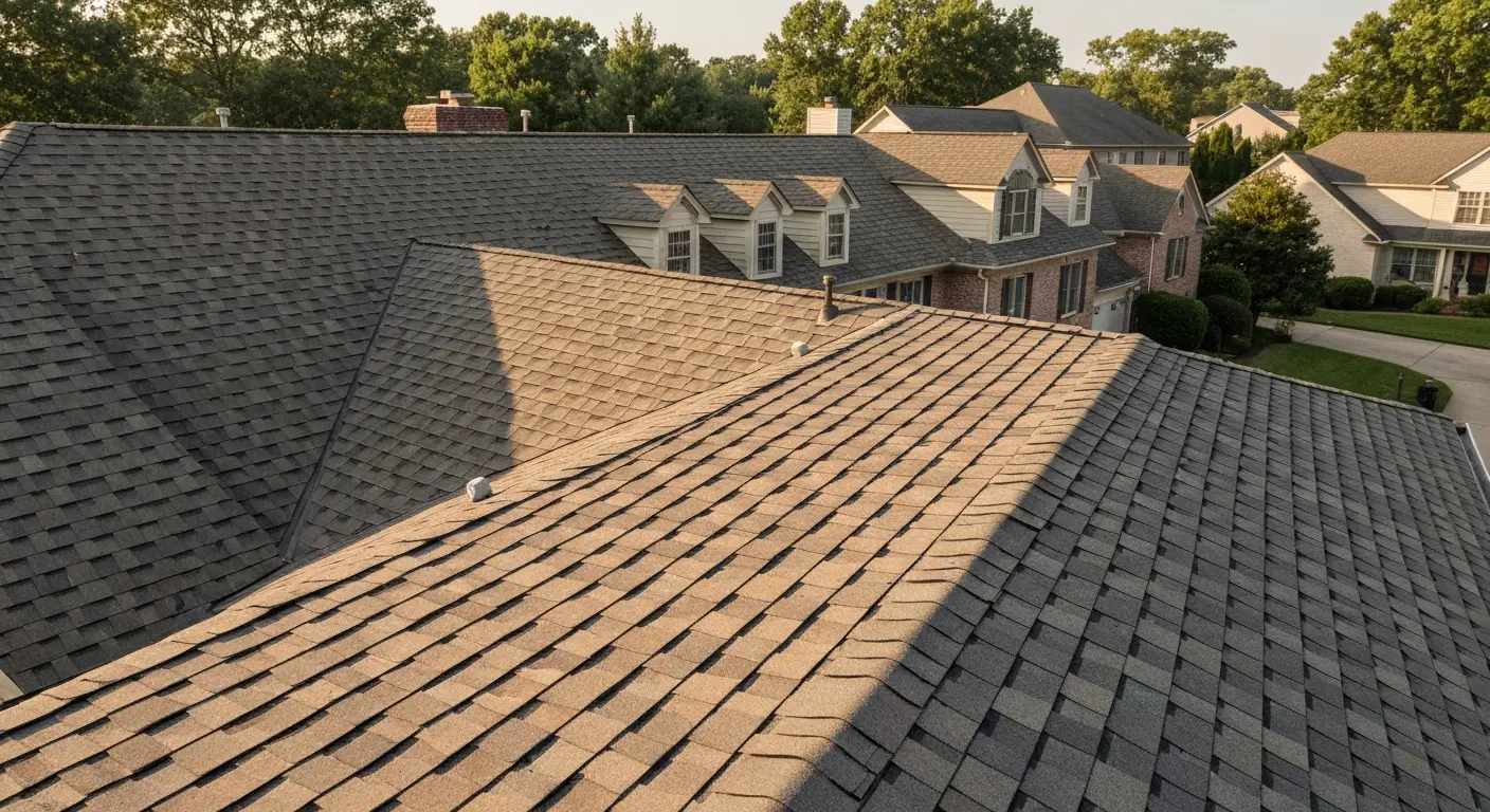 Architectural shingle roof on suburban home