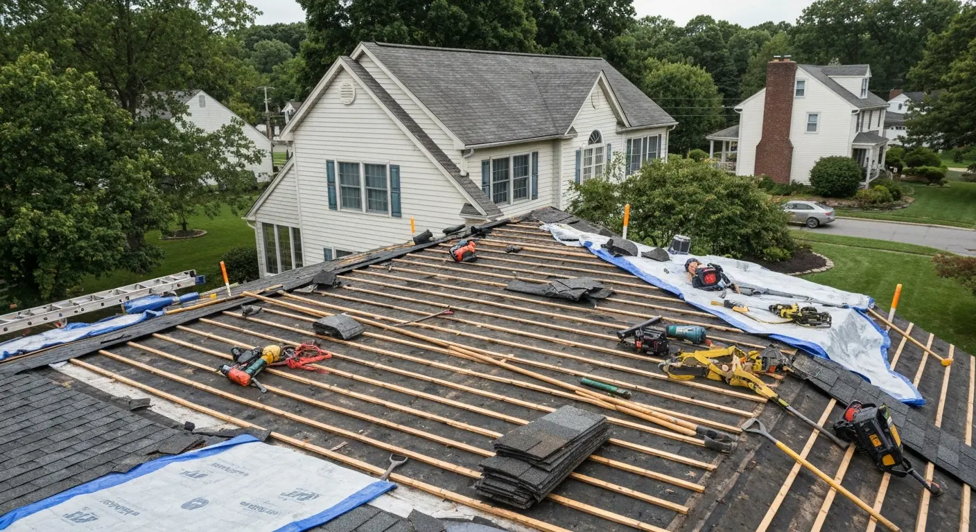 Roof tear-off in progress