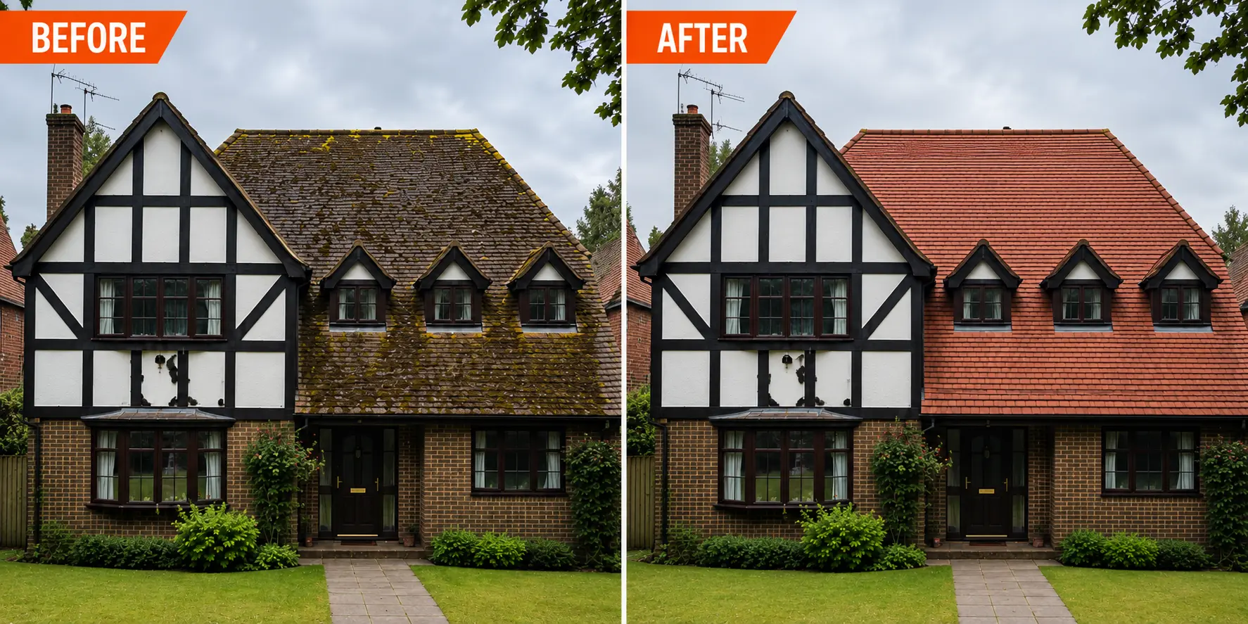 Before and after roof cleaning by Skyhawk Exterior Cleaning across Sussex & Surrey