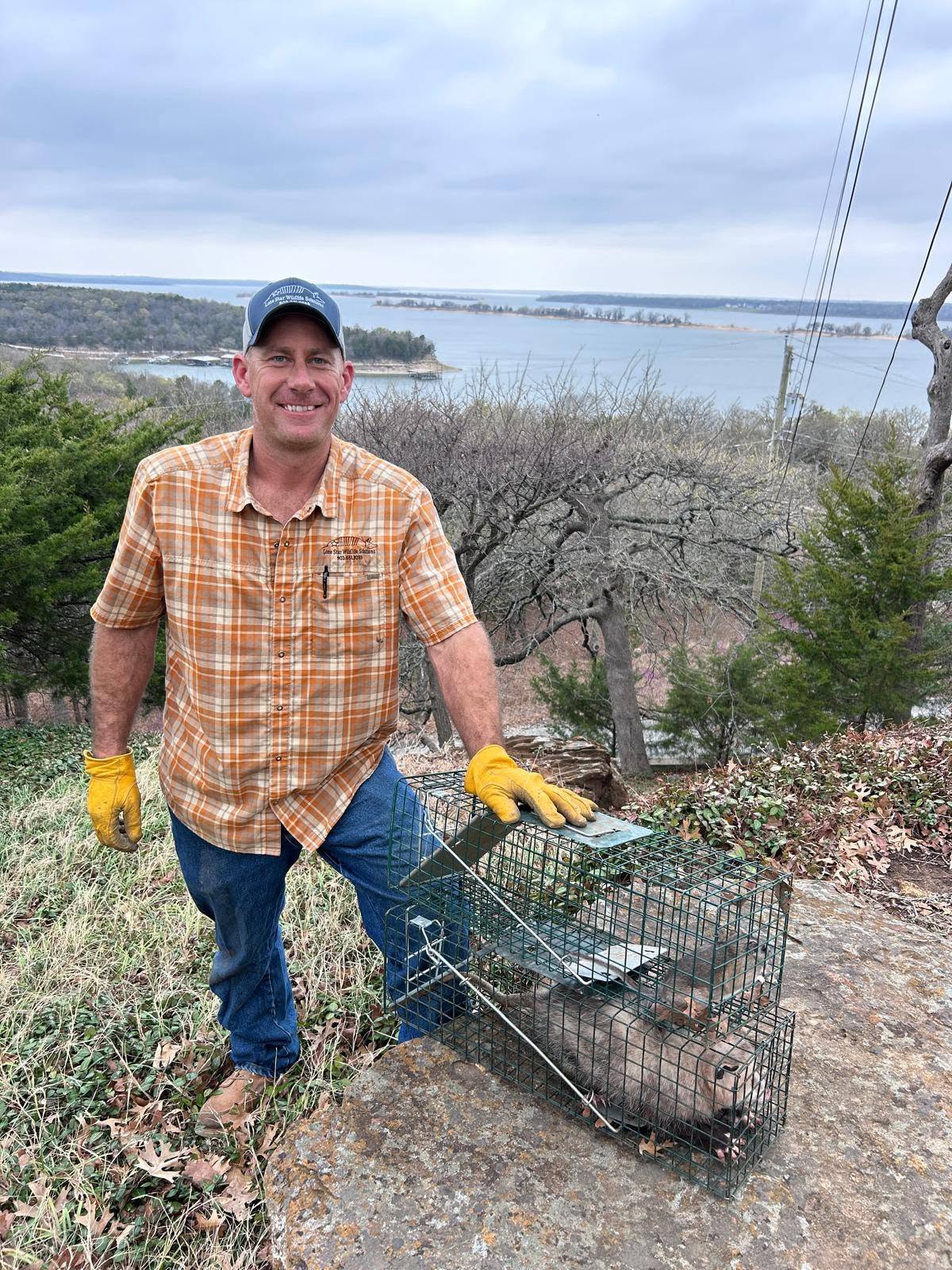 Lone Star Wildlife Solutions technician with captured opossum after successful removal from residential property