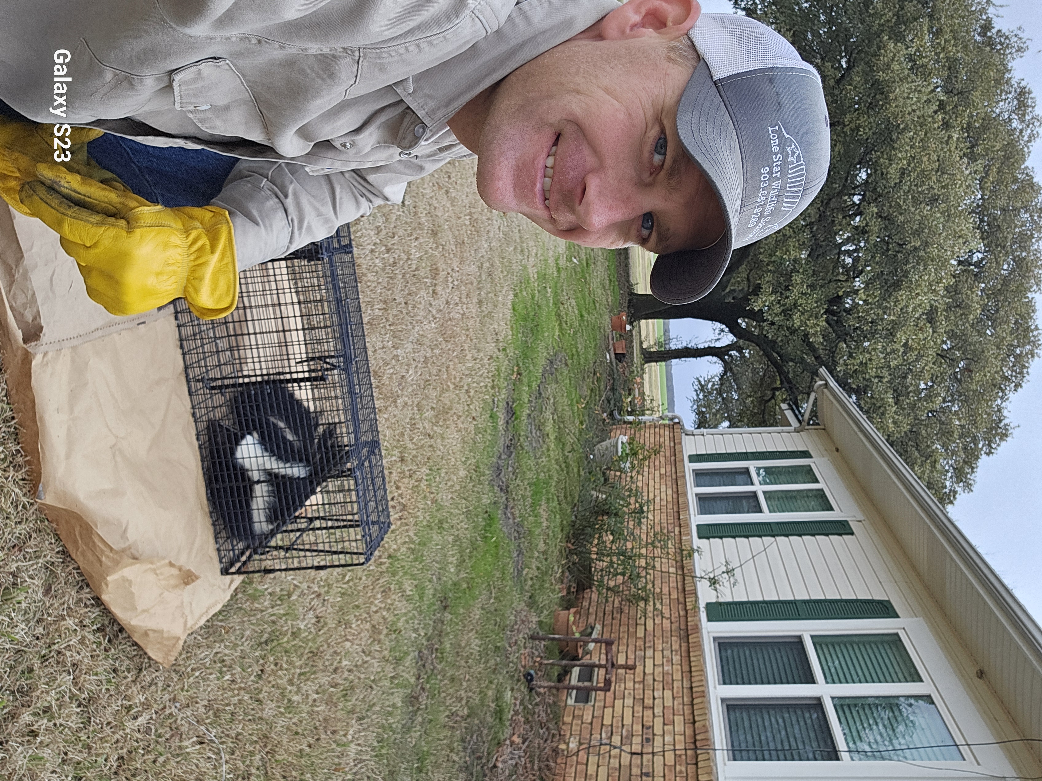 Lone Star Wildlife Solutions technician with captured skunk after successful removal from residential property