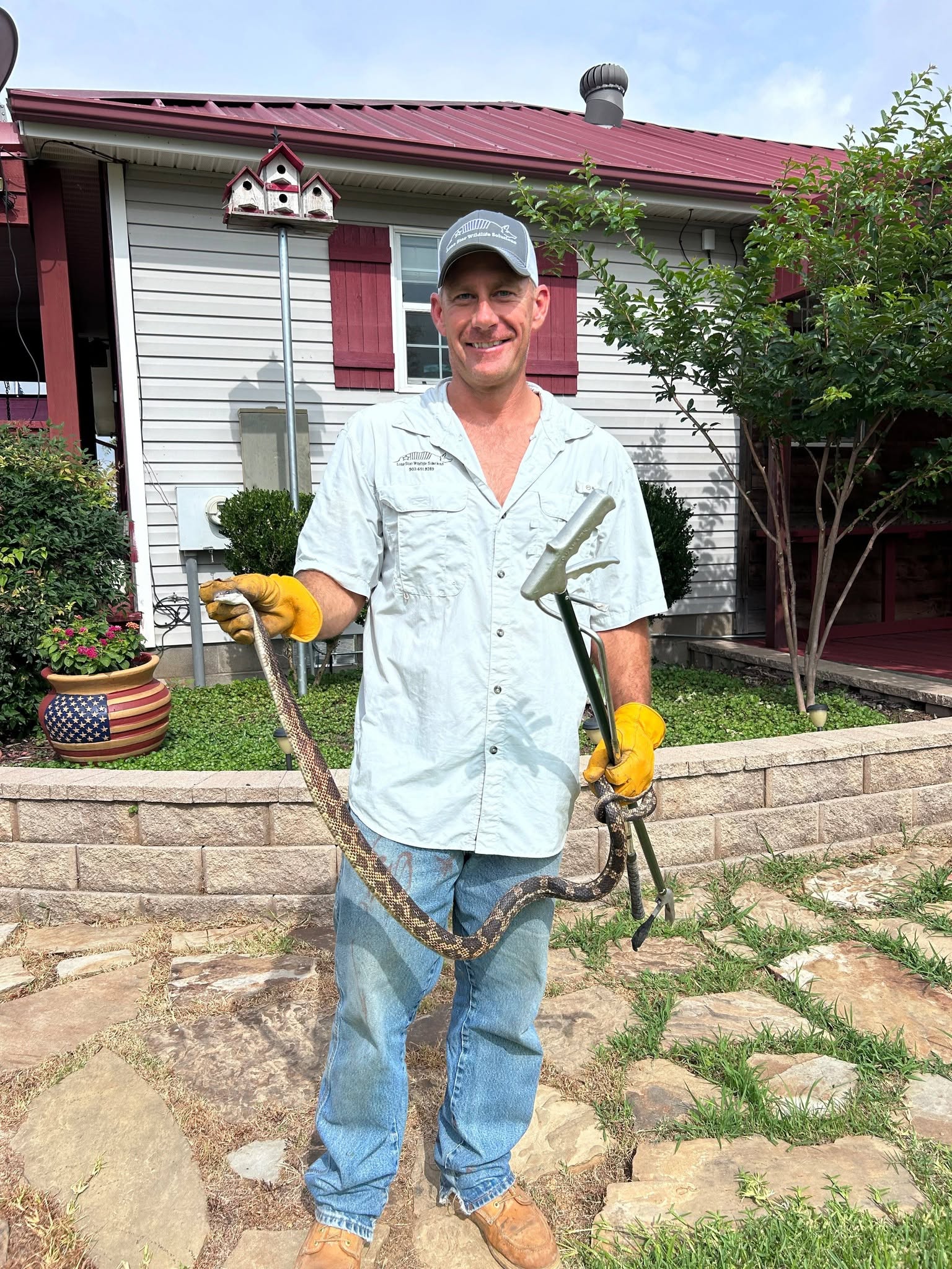 Lone Star Wildlife Solutions technician with captured snake after successful removal from residential property