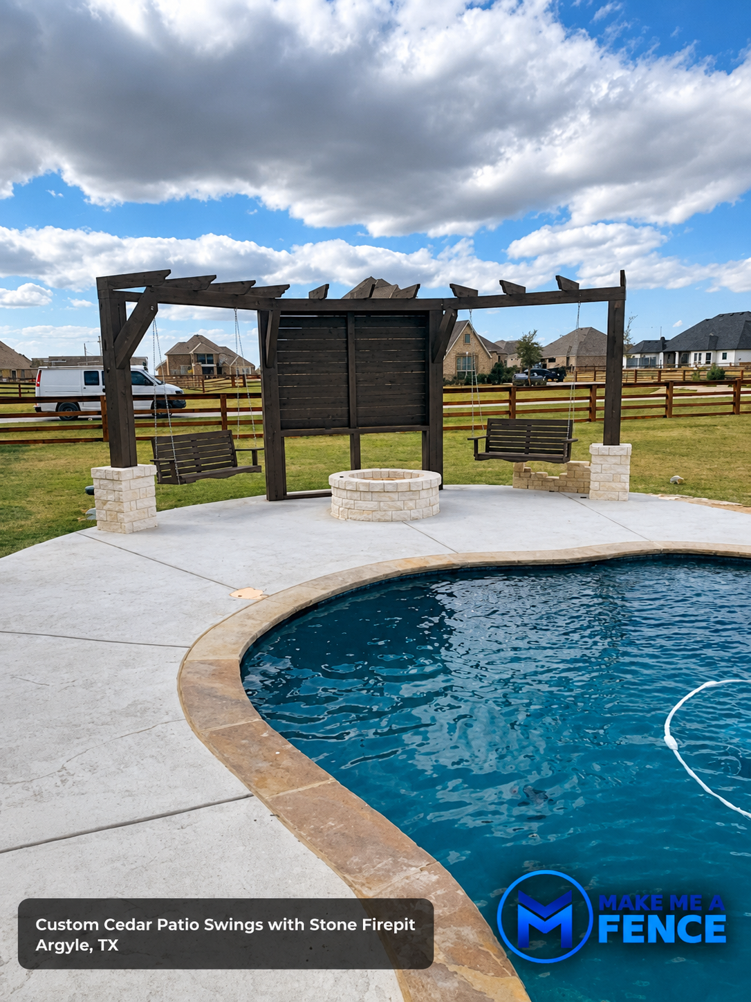 Custom cedar patio swings with stone firepit installed by Make Me A Fence in Argyle, TX