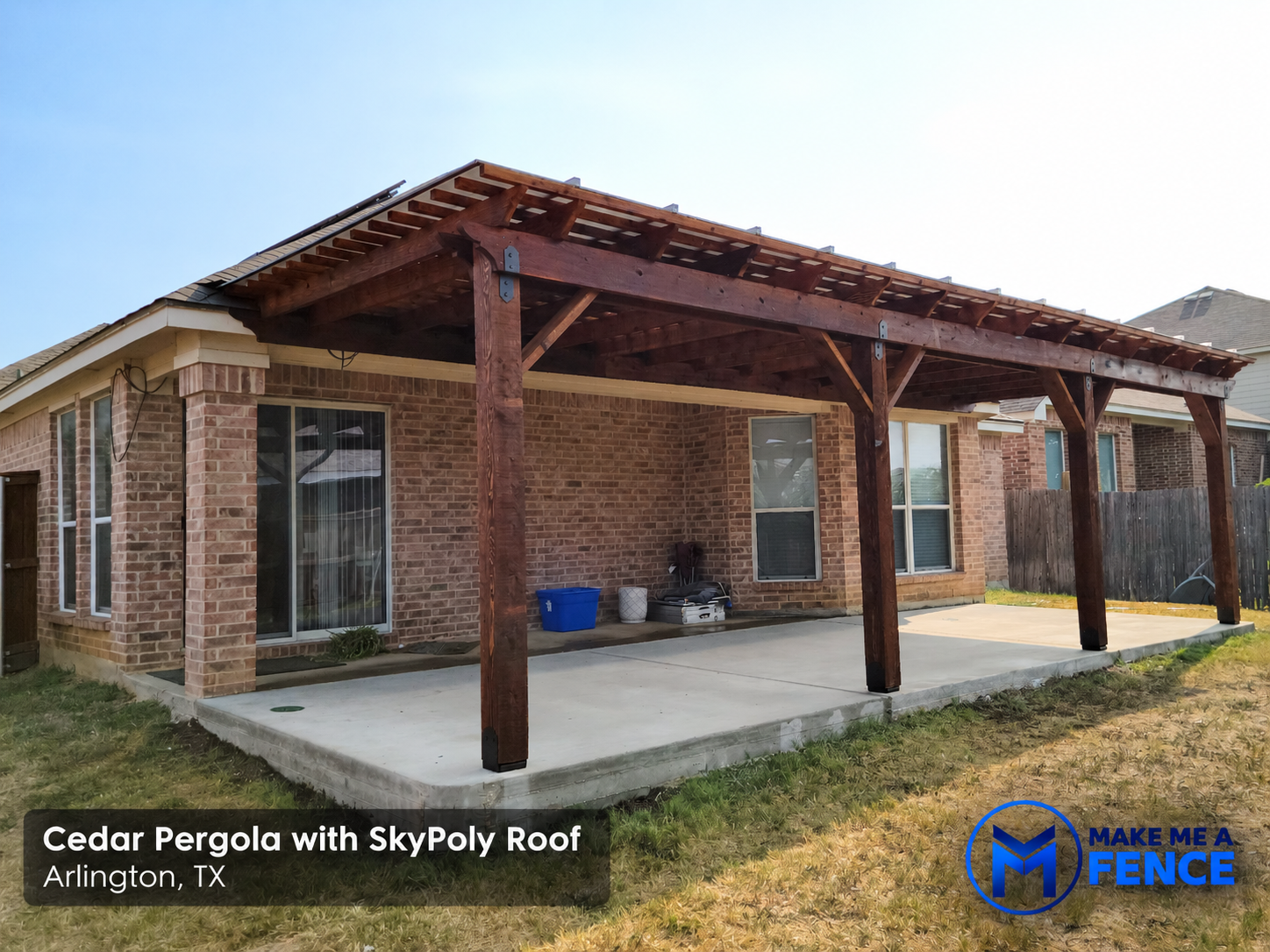 Cedar pergola with SkyPoly roof built by Make Me A Fence in Arlington, Texas