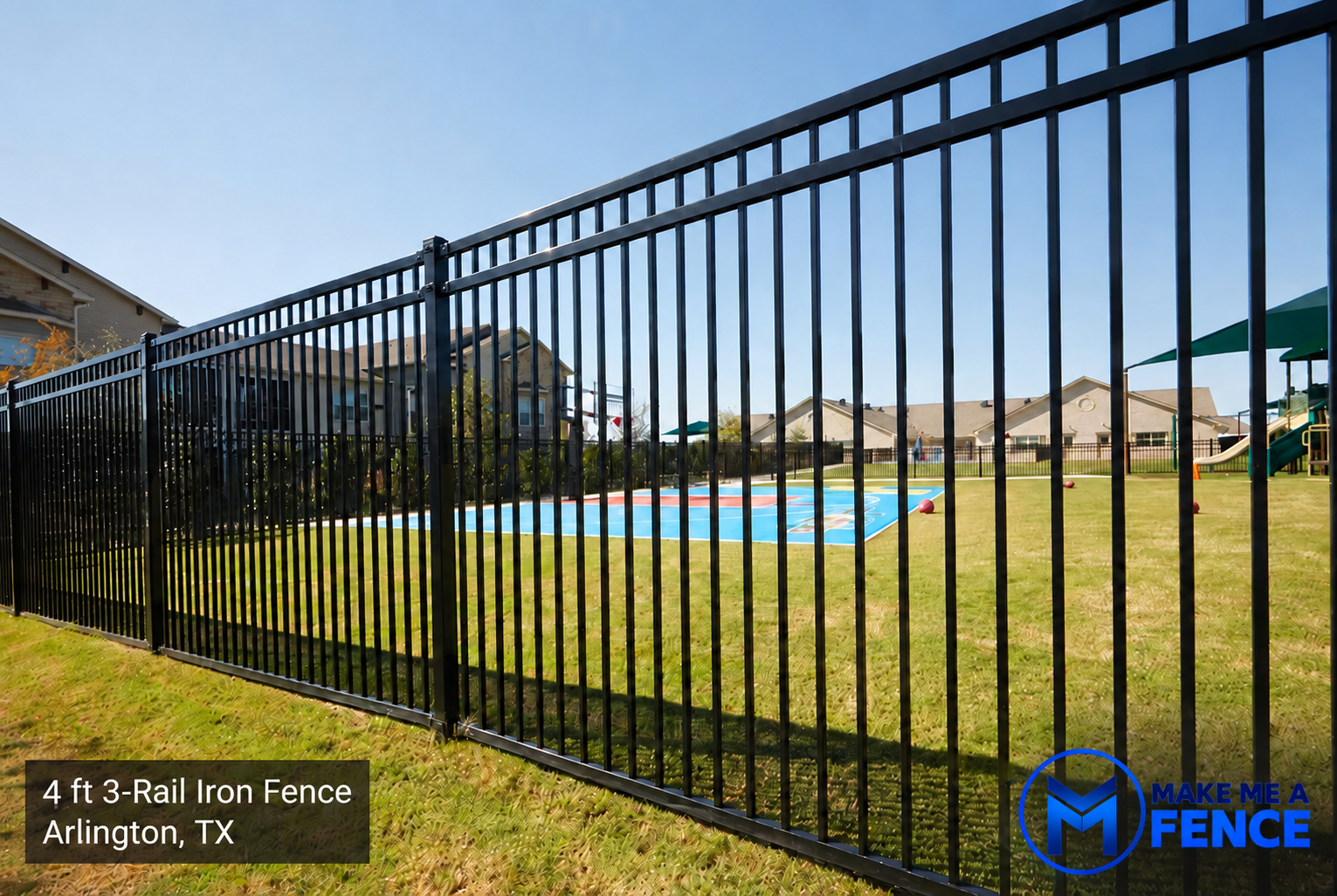 4ft three-rail iron fence installed by Make Me A Fence in Arlington, TX