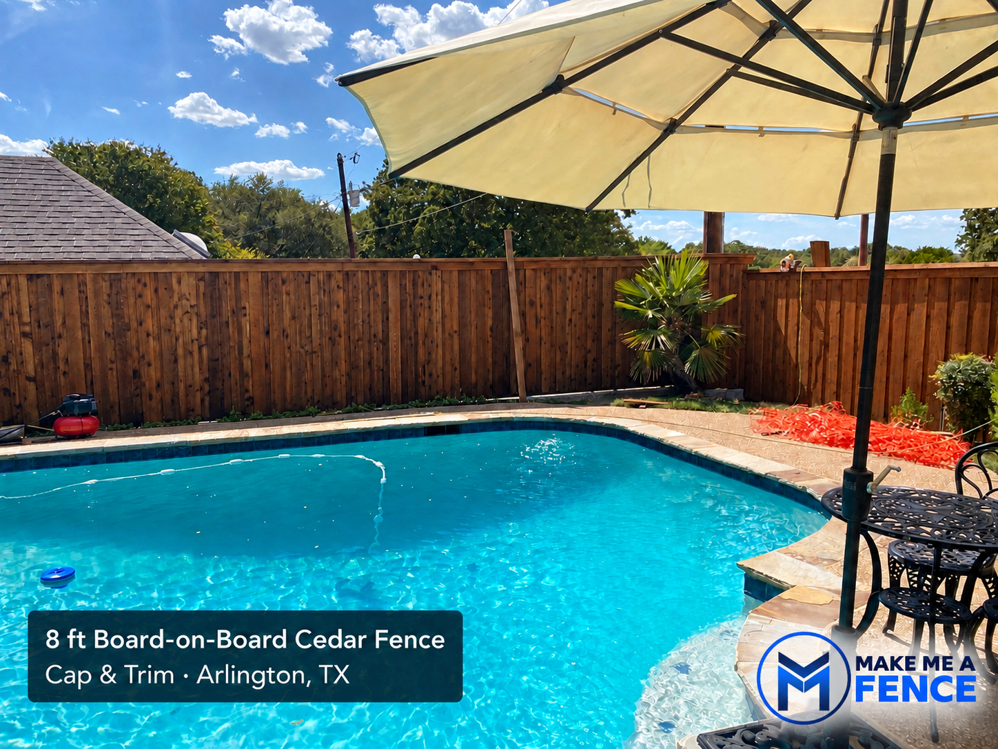 8-foot board-on-board cap and trim cedar fence installed in Arlington, Texas
