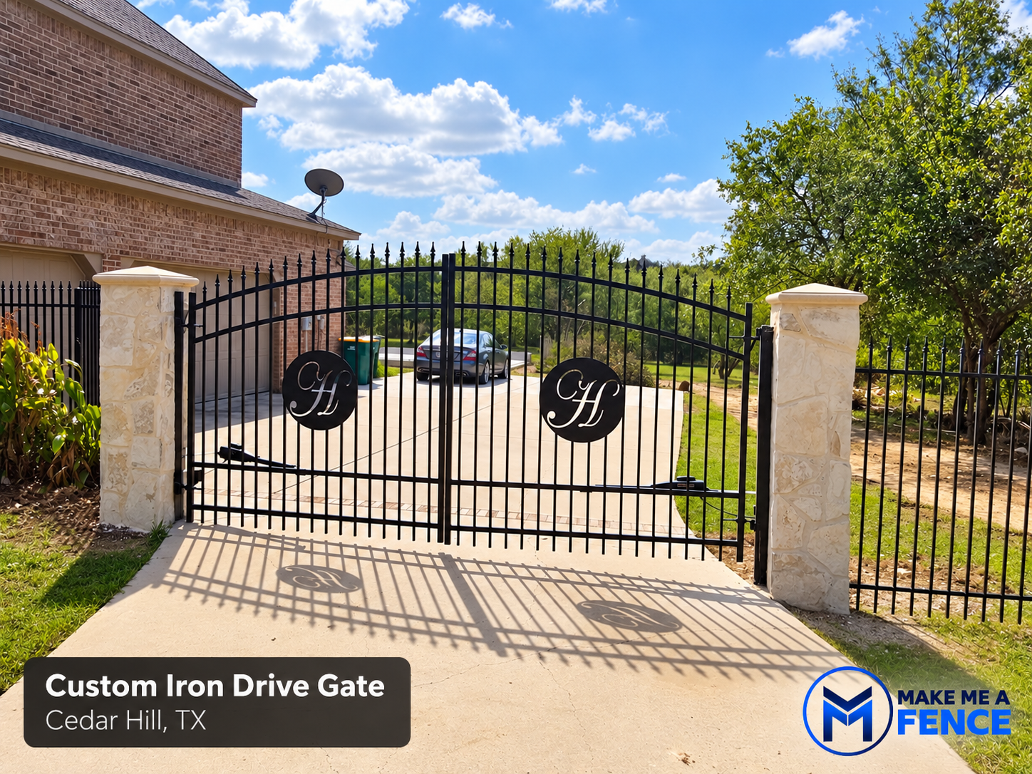 Custom iron drive gate installed by Make Me A Fence in Cedar Hill, TX