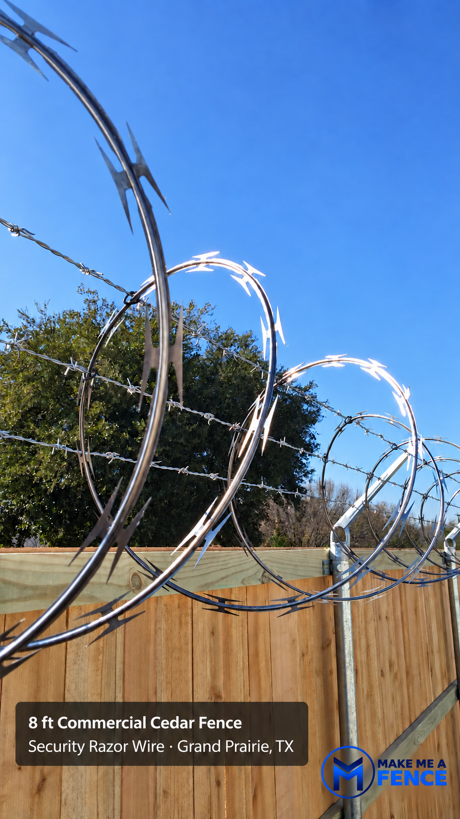 8ft commercial cedar security fence with razor wire in Grand Prairie, Texas