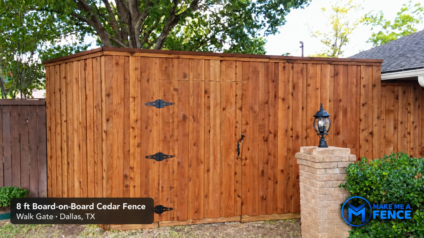 8-foot board-on-board cedar fence and walk gate installed by Make Me A Fence in Dallas, Texas