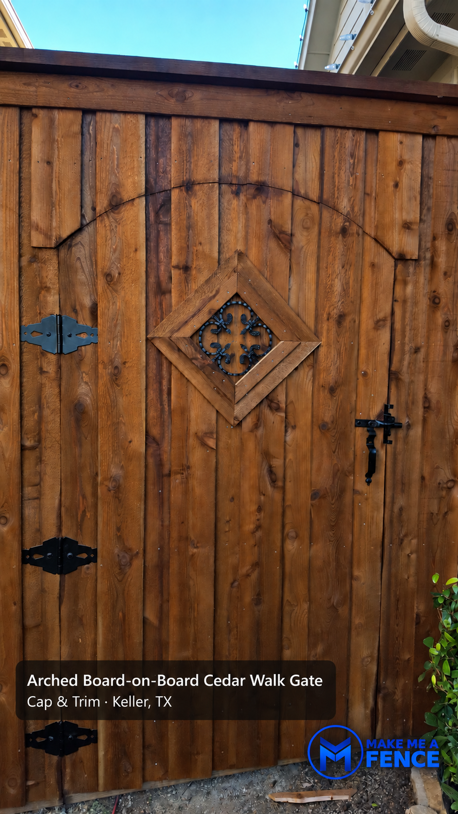 Arched cedar board-on-board walk gate installed by Make Me A Fence in Keller, TX