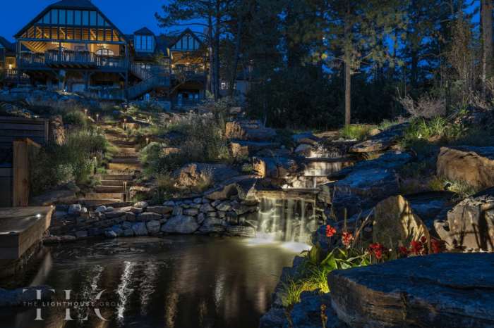 Illuminated water feature at night