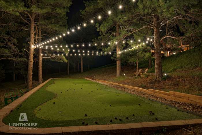 Patio with warm bistro and accent lighting