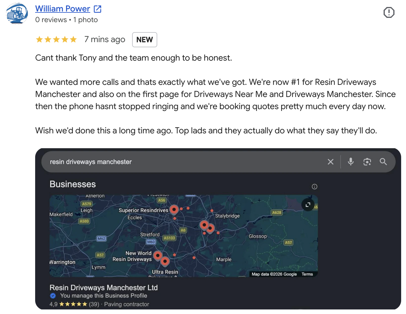 Google review from William Power about Resin Driveways Manchester
