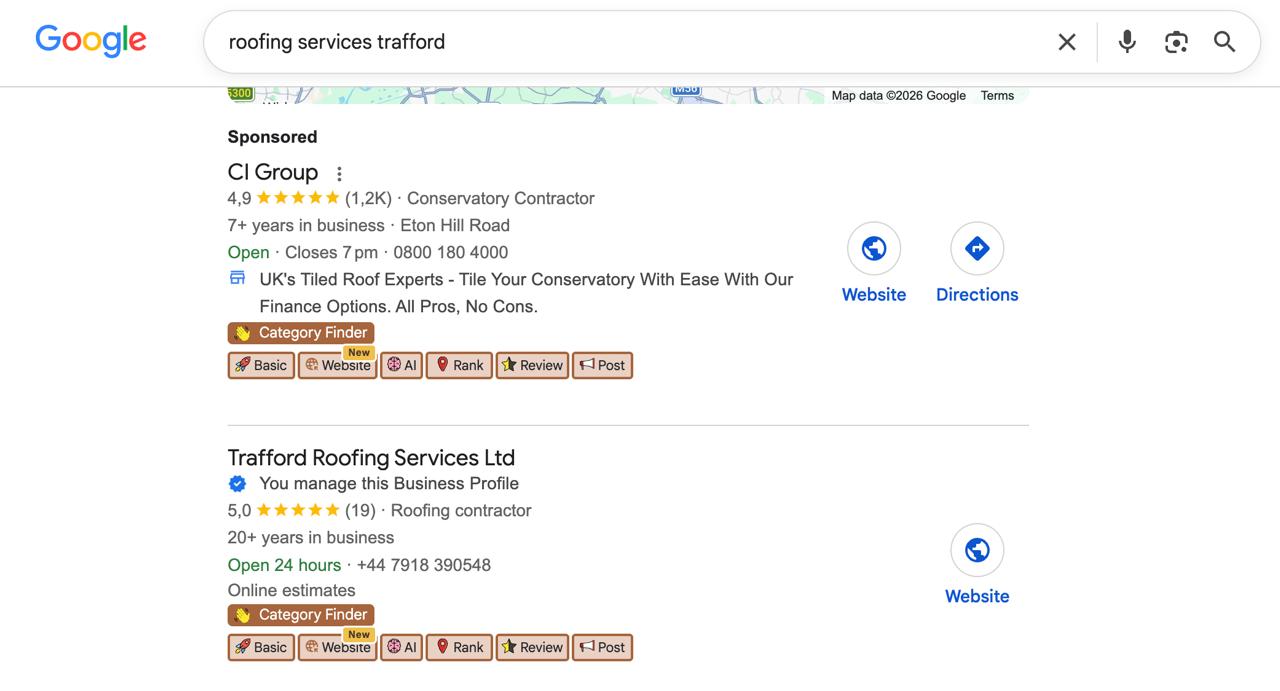 Map pack for roofing services trafford