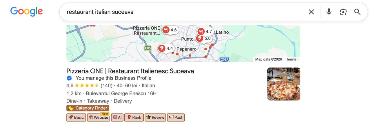 Google search restaurant italian suceava with Pizzeria ONE first