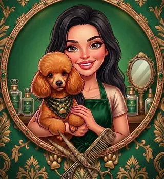 Logo Moft Canin: Natalia cu un pudel toy roșcat, într-o ramă ovală aurie