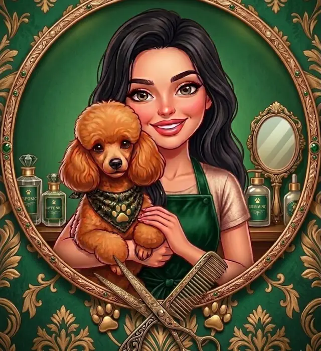 Logo Moft Canin: Natalia cu un pudel toy roșcat, într-o ramă ovală aurie