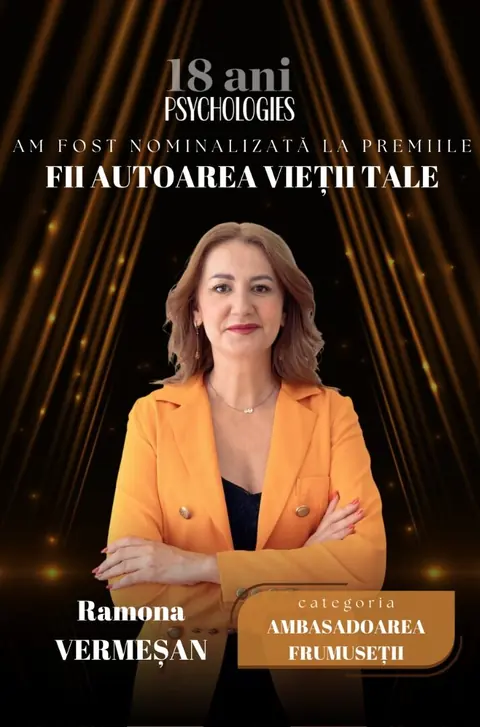 Afișul nominalizării Ramonei Vermeșan la premiile Psychologies Fii autoarea vieții tale, categoria Ambasadoarea frumuseții