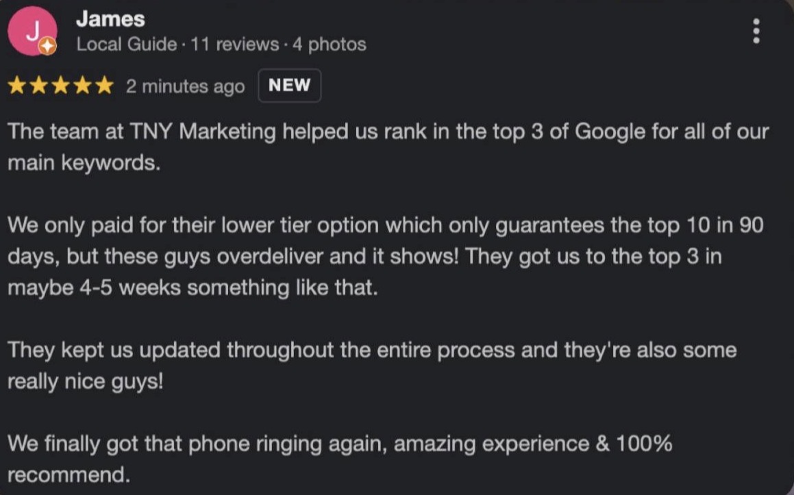 Google review from James about reaching the top 3