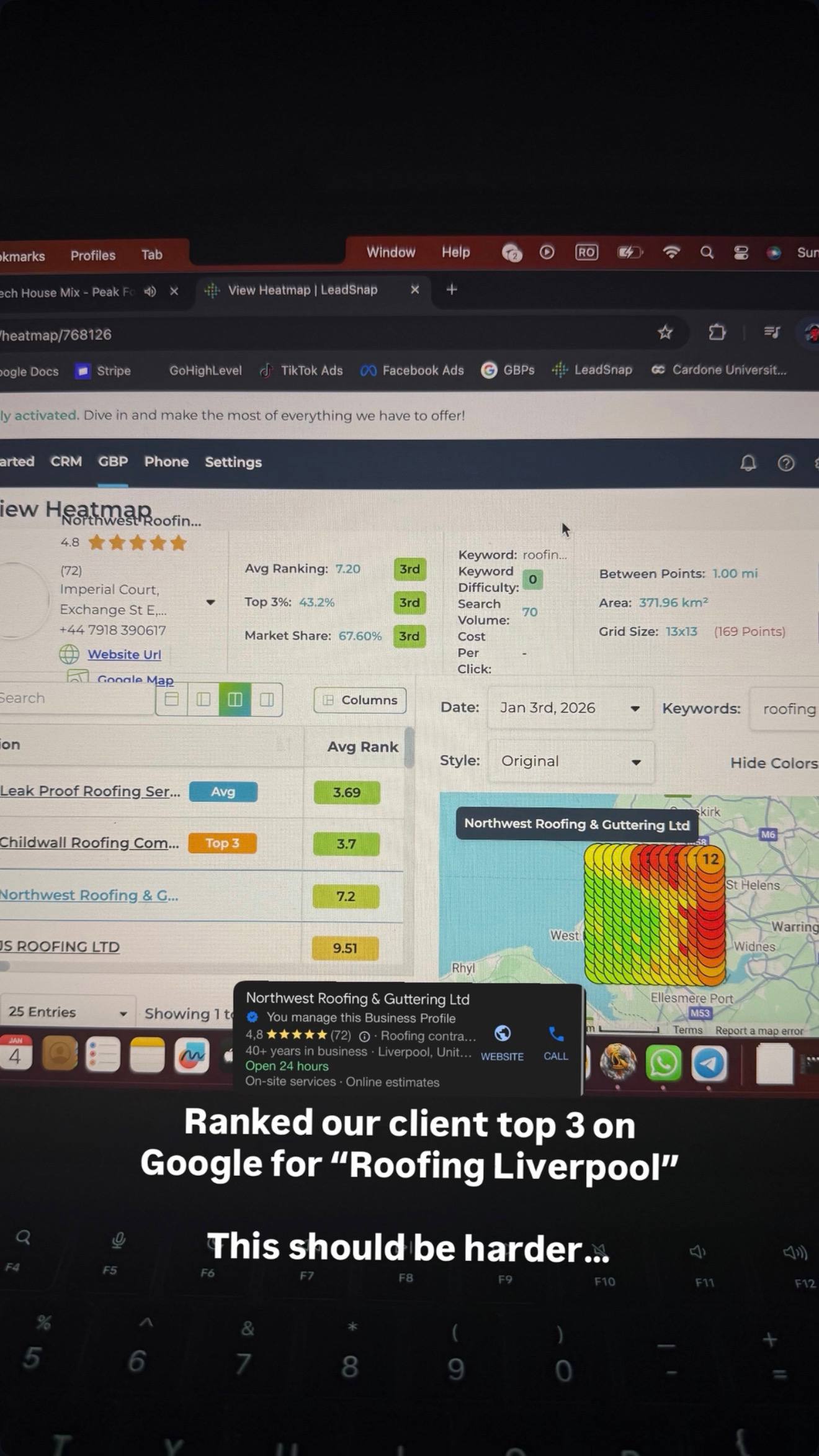 Rank heatmap for Northwest Roofing on Roofing Liverpool