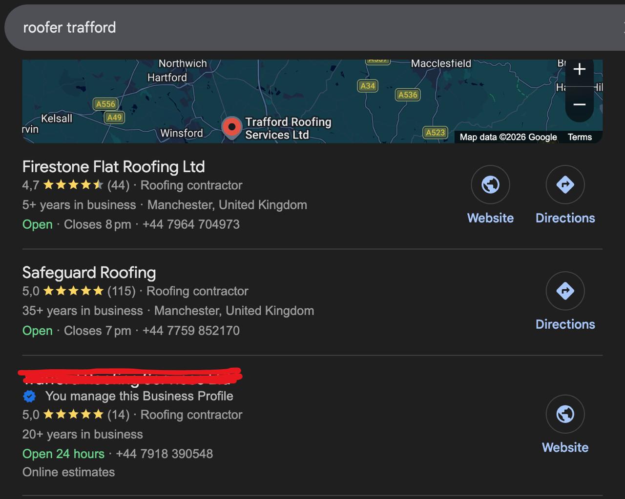Map pack for roofer trafford with Trafford Roofing Services