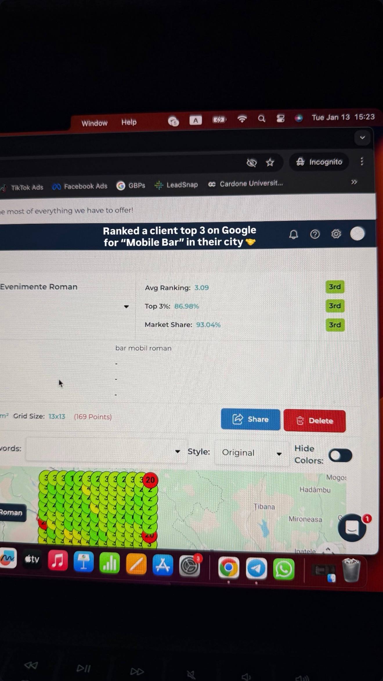 Rank heatmap for a mobile bar client in the top 3