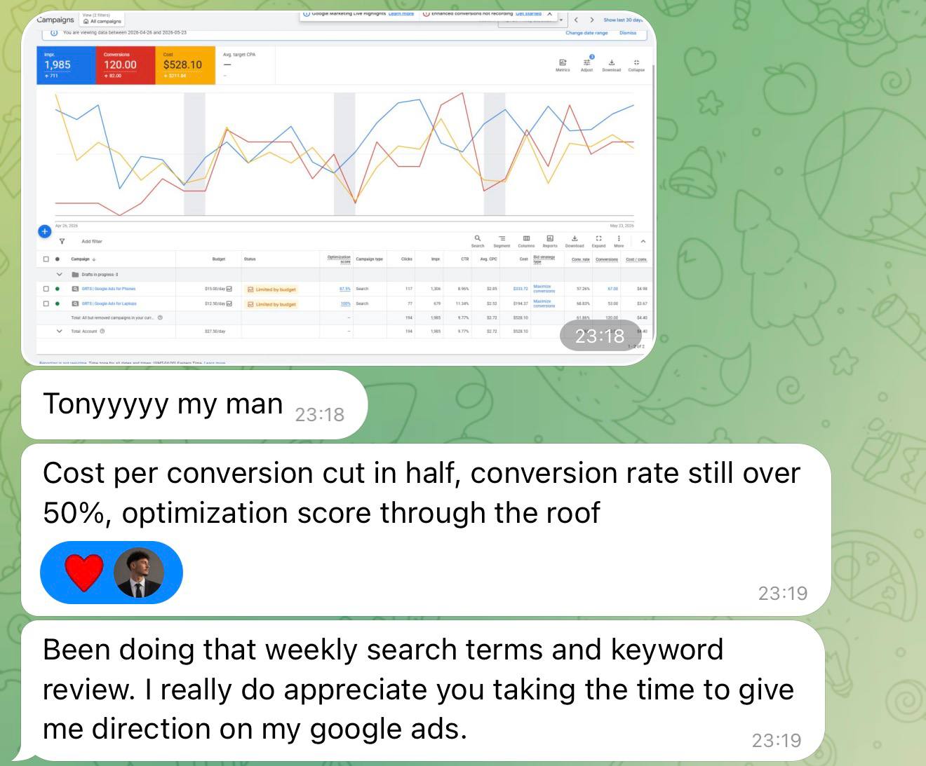 Client chat with Google Ads chart, cost per conversion cut in half