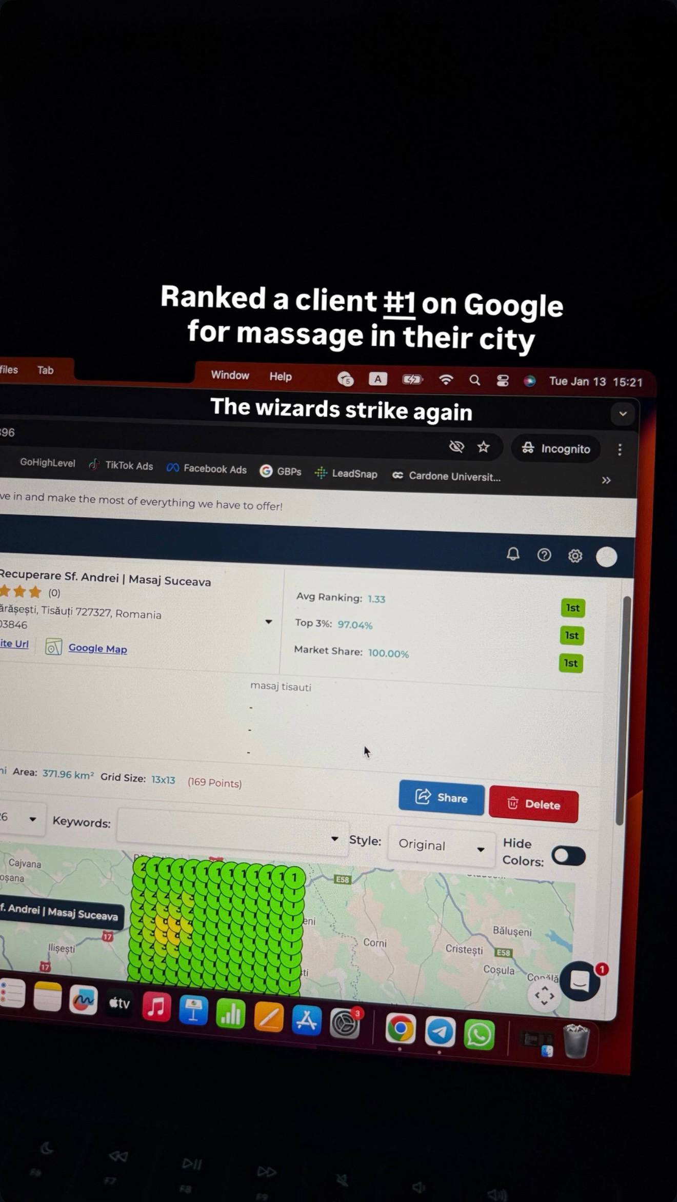 Rank heatmap for a massage salon ranking first